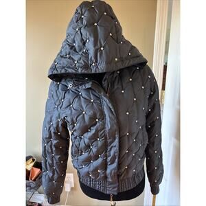 Relish Womens down Puffer Jacket Quilted black rhinestones sz S zip hood logo